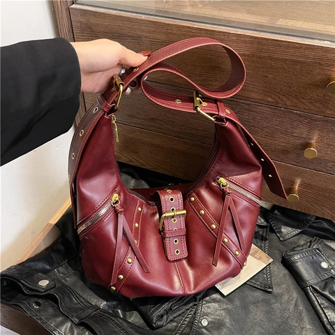 Vintage Πριτσίνια PU Δερμάτινη Τσάντα Hobo Μεγάλης Χωρητικότητας Τσάντα Ώμου για Γυναίκες Μόδα Street Style Τσάντα Χιαστί Σχήμα Dumpling