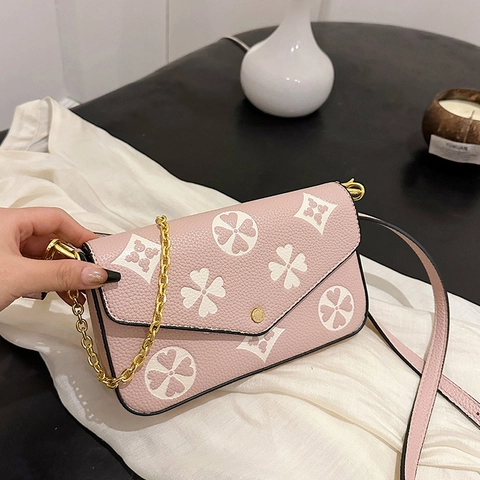 Vintage Floral Monogram Print Crossbody Bag For Women Luxury Lychee Pattern PU Leather Small Square Handbag With Gold Chain Strap