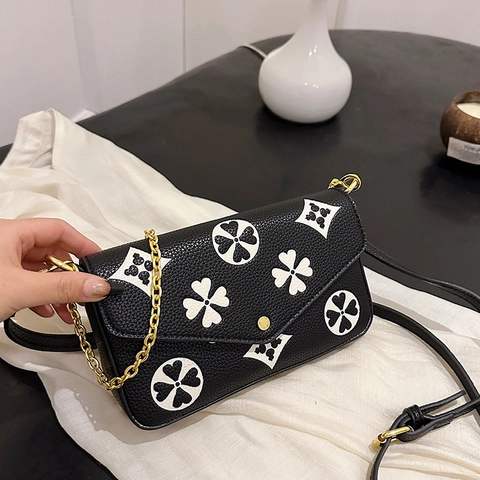 Vintage Floral Monogram Print Crossbody Bag For Women Luxury Lychee Pattern PU Leather Small Square Handbag With Gold Chain Strap