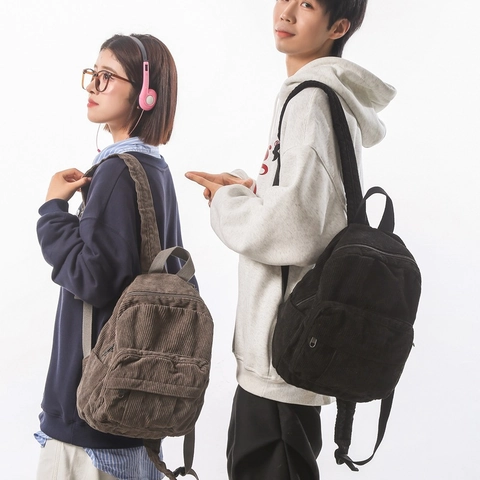 Women's Vintage Corduroy Backpack Solid Color Small Japanese Style Casual Daypack For School Travel Fashion Shoulder Bag