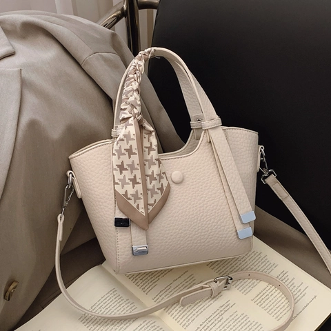 Women PU Leather Bucket Bag Lychee Pattern Silk Scarf Decor Casual Crossbody Shoulder Bag Fashion Handbag Travel Messenger Bag