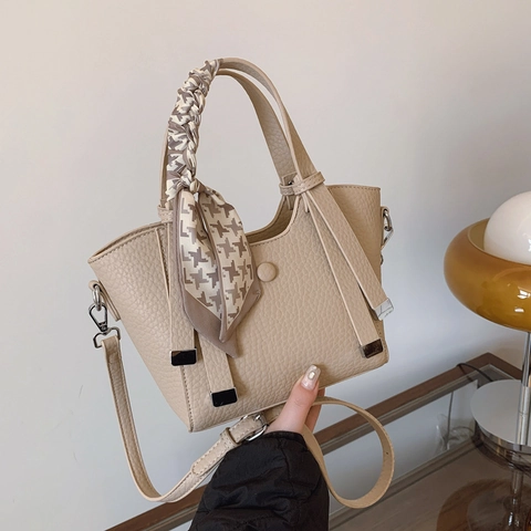 Women PU Leather Bucket Bag Lychee Pattern Silk Scarf Decor Casual Crossbody Shoulder Bag Fashion Handbag Travel Messenger Bag