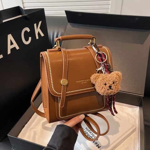 Vintage PU Leather Small Backpack For Women Rivet Stitching Commuter Shoulder Bag With Bear Pendant Korean Fashion Bag
