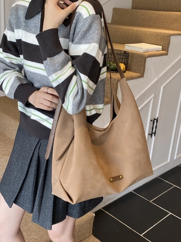 Women Large Capacity Matte PU Leather Hobo Bag Minimalist Vintage Shoulder Bag Solid Color Bucket Tote Bag For Commuting Daily