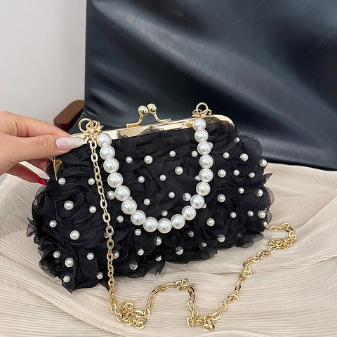 Elegante Borsa da Sera in Pizzo a Pieghe Con Rosa 3D Manico in Perle Artificiali Catena in Metallo Matrimonio Festa Pochette