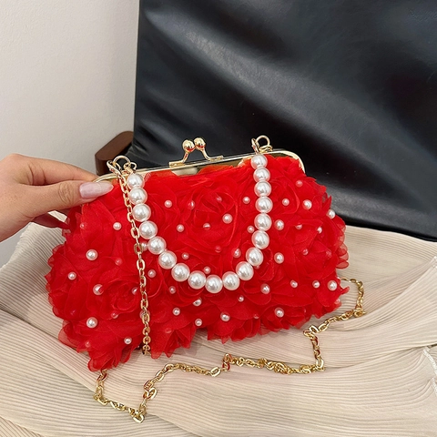 Elegante Borsa da Sera in Pizzo a Pieghe Con Rosa 3D Manico in Perle Artificiali Catena in Metallo Matrimonio Festa Pochette