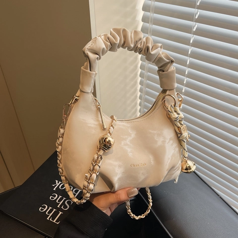 Moda Donna Manico Increspato Borsa a Tracolla in Pelle PU Mezza Luna Con Catena in Metallo Elegante Borsa Quotidiana