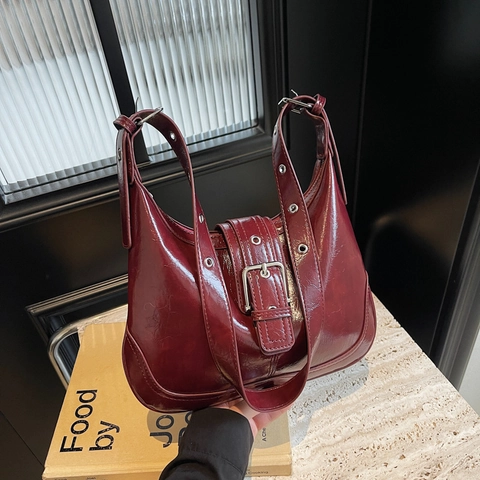 Borsa a spalla sotto l'ascella in pelle PU vintage per donna Grande capacità Fibbia in metallo lucido Borsa a tracolla Hobo