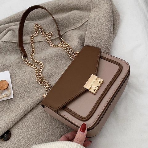 Retro Farblock Kette Umhängetasche Quadratisch Für Damen PU Leder Mini Schultertasche Mit Metallschloss Street Style Mode
