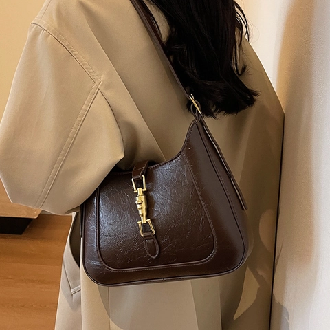 Borsa Hobo in Pelle PU Vintage da Donna Retro Chiusura a Pistone Borsa a Tracolla Tinta Unita Versatile Daily Travel Borsa