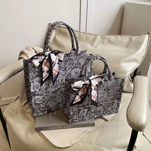 Bolso Tote de Lona Estampado Paisley Vintage para Mujer Bolso de Mano de Gran Capacidad Con Pañuelo de Seda Retro