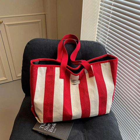 Bolso Tote de Lona a Rayas de Gran Capacidad para Mujer Bolso de Hombro Retro Coreano de Rayas Verticales Bolso de Mano Moda Casual Viaje Compras