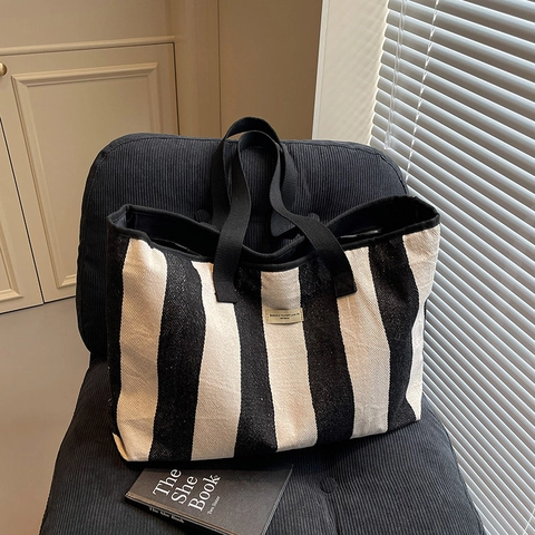 Bolso Tote de Lona a Rayas de Gran Capacidad para Mujer Bolso de Hombro Retro Coreano de Rayas Verticales Bolso de Mano Moda Casual Viaje Compras