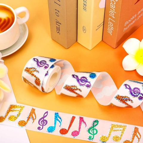 Laser Glitter Music Note Stickers Waterproof Self Adhesive Decals For Scrapbooking DIY Journaling Decoration Multiple Styles Roll