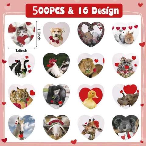 Pegatinas Realistas de Animales en Forma de Corazón para San Valentín Dibujos Animados Gato Perro Impermeable Etiquetas Decorativas para Embalaje de Regalos Niños