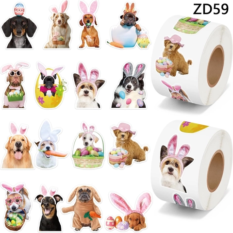 Realistic Easter Dog Stickers ZD59 With Rabbit Ears Eggs Patterns Decorative Adhesive Labels For Holiday Party Decoration