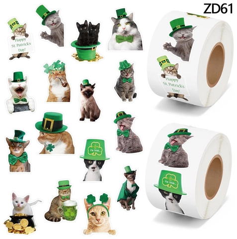 St Patrick's Day Cat Stickers Roll Cartoon Shamrock Green Hat Lucky Cat Waterproof Kraft Paper Decorative Decals For Kids Party Gift Envelope Seals