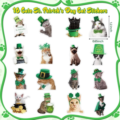 St Patrick's Day Cat Stickers Roll Cartoon Shamrock Green Hat Lucky Cat Waterproof Kraft Paper Decorative Decals For Kids Party Gift Envelope Seals
