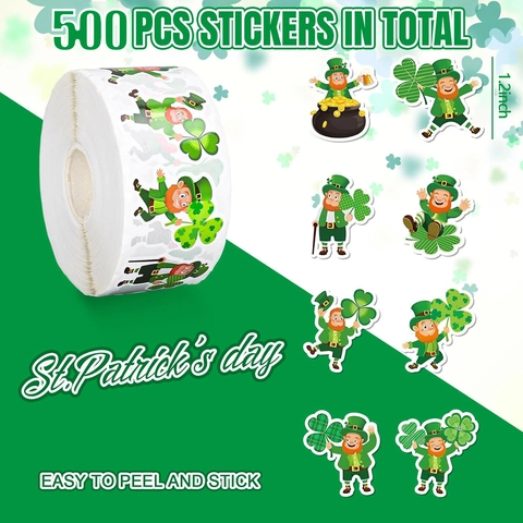 St Patrick Day Sticker Roll Cartoon Leprechaun Shamrock Pattern Kraft Paper Labels For Party Festive Envelope Decoration