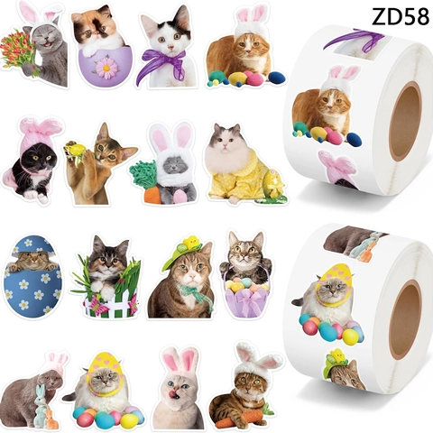 Cute Cat Easter Stickers Roll Waterproof Kraft Paper For Kids Holiday Party Decoration Envelope Sealing Sticker Animal Patterns