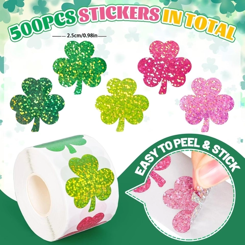 Rotolo di Adesivi Glitter a Trifoglio Laser Colorati per San Patrizio Etichette Adesive Decorative per Chiusura Buste
