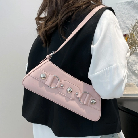 Bolso de Axila Baguette de Cuero PU para Mujer Con Eslabón y Remaches Decoración Metálica Color Sólido Casual