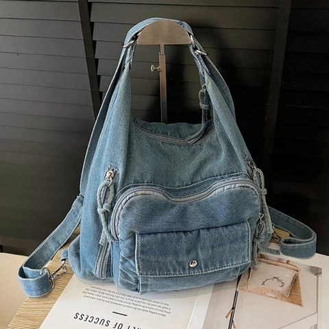 Zaino Multifunzionale in Denim Lavato Vintage di Grande Capacità Borsa a Tracolla Casual da Donna Con Tasche Multiple