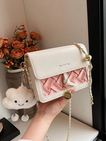 Mode Style Coréen Sac Bandoulière Carré Tissé en Cuir PU pour Femmes Urbain Minimaliste Sac à Épaule avec Chaîne en Métal et Pendentif Nuage