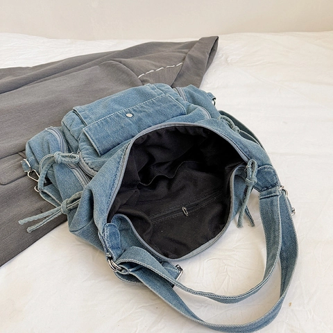 Zaino Multifunzionale in Denim Lavato Vintage di Grande Capacità Borsa a Tracolla Casual da Donna Con Tasche Multiple