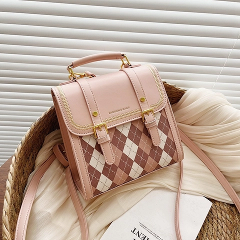 Mochila Pequeña Linda Estilo Coreano Argyle Para Mujer Niña Cuero PU Color Contraste Mini Bolso Bandolera Escolar
