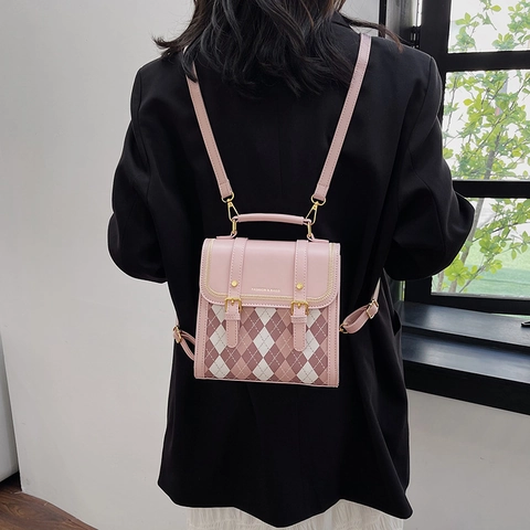 Mochila Pequeña Linda Estilo Coreano Argyle Para Mujer Niña Cuero PU Color Contraste Mini Bolso Bandolera Escolar
