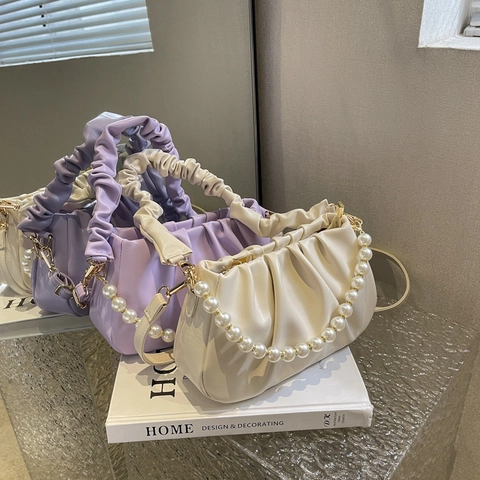 Women Ruched Faux Leather Shoulder Bag With Artificial Pearl Chain Fashion Underarm Bag Solid Color Cloud Tote Purse