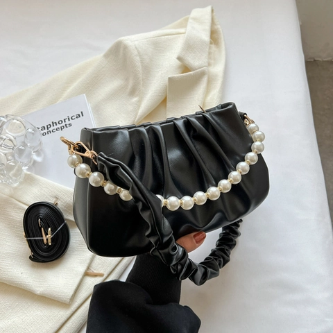 Women Ruched Faux Leather Shoulder Bag With Artificial Pearl Chain Fashion Underarm Bag Solid Color Cloud Tote Purse