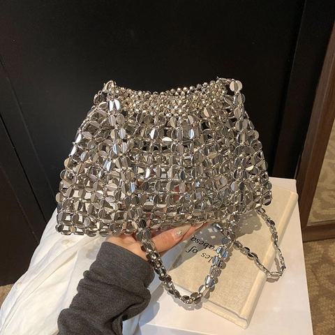 Modische Silberne Metallscheiben Hohle Netz Beuteltasche Für Damen Retro Kette Schulter Umhängetasche Für Party Alltag