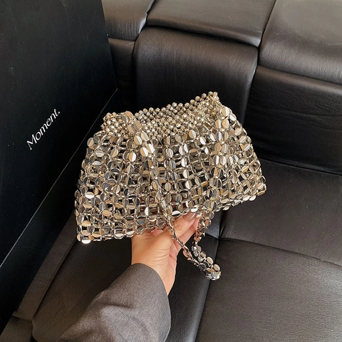 Modische Silberne Metallscheiben Hohle Netz Beuteltasche Für Damen Retro Kette Schulter Umhängetasche Für Party Alltag