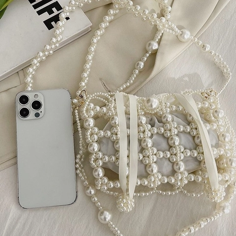 Borsa a Secchiello Intrecciata di Perle Vintage Francese Borsa a Tracolla con Perline Fatte a Mano Nastro di Raso Festa Matrimonio