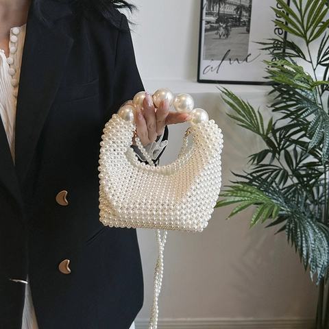 Elegante Borsa Sottobraccio con Perle Artificiali Francese Fata Intrecciata a Mano Borsa a Tracolla Grande Manico di Perle Quadrata Donna