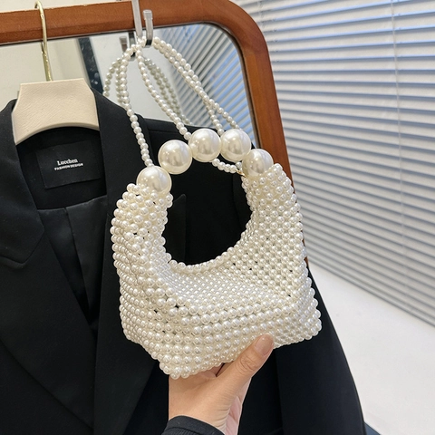 Elegante Borsa Sottobraccio con Perle Artificiali Francese Fata Intrecciata a Mano Borsa a Tracolla Grande Manico di Perle Quadrata Donna