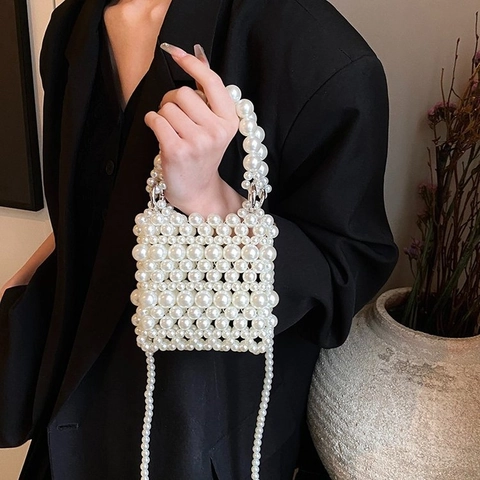 Elegante Kunstparel Beaded Mini Schoudertas Voor Dames PVC Opengewerkte Handtas Met Riem Zomer Mode Crossbody Tas