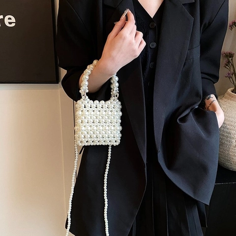 Elegante Kunstparel Beaded Mini Schoudertas Voor Dames PVC Opengewerkte Handtas Met Riem Zomer Mode Crossbody Tas