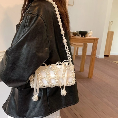 Feen-Stil Künstliche Perle Perlenbesetzt Handgewebt Mini Umhängetasche Für Damen Elegant Kleine Handytasche PVC Schultertasche Mode Accessoires Hochzeit Party Geschenk