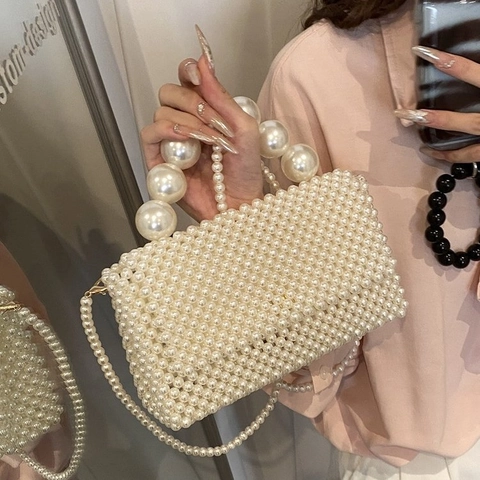Elegante Borsa Intrecciata in Perle Artificiali Fatta a Mano Con Grande Manico in Perle Tracolla Rimovibile Bianca Borsa da Sposa da Festa