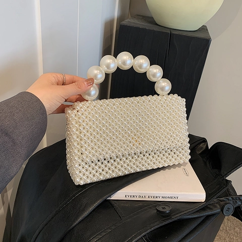 Elegante Borsa Intrecciata in Perle Artificiali Fatta a Mano Con Grande Manico in Perle Tracolla Rimovibile Bianca Borsa da Sposa da Festa