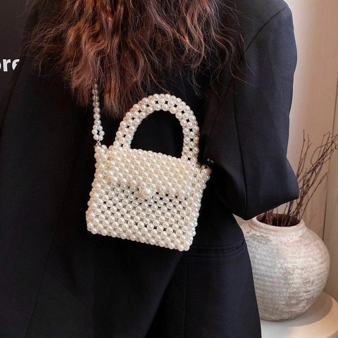 Borsa a Tracolla Mini in Perle Artificiali Intrecciate a Mano per Donna Borsa a Tracolla con Perline Minimalista per Festa Elegante Borsa per Cellulare