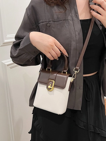 Bolso Bandolera Vintage de Cuero PU Para Mujer Color en Contraste Bolso de Mano de Conmutador de Alta Gama Con Cierre de Metal