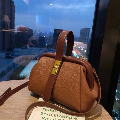 Borsa a Mano in Pelle PU con Motivo Litchi Vintage Borsa da Medico Retro con Chiusura in Metallo Borsa a Tracolla Donna