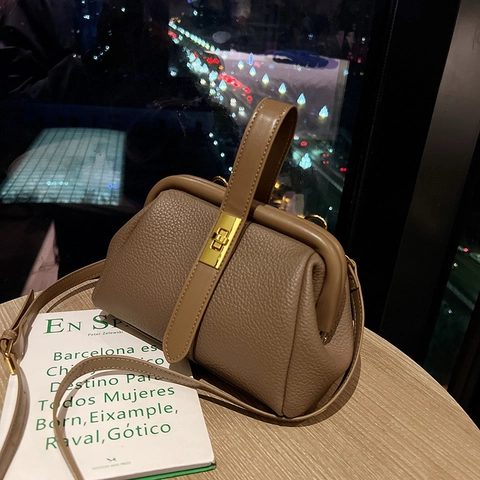 Borsa a Mano in Pelle PU con Motivo Litchi Vintage Borsa da Medico Retro con Chiusura in Metallo Borsa a Tracolla Donna