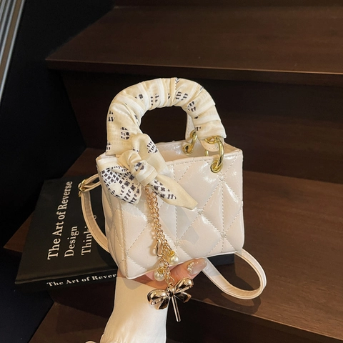 Elegant Quilted PU Leather Mini Handbag For Women With Scarf Wrapped Handle And Pearl Butterfly Pendant Shoulder Crossbody Bag