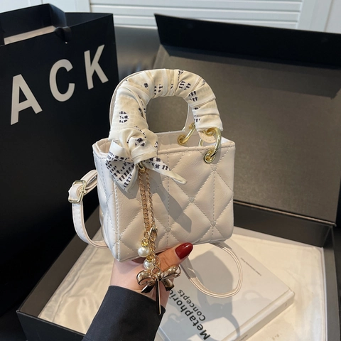 Elegant Quilted PU Leather Mini Handbag For Women With Scarf Wrapped Handle And Pearl Butterfly Pendant Shoulder Crossbody Bag