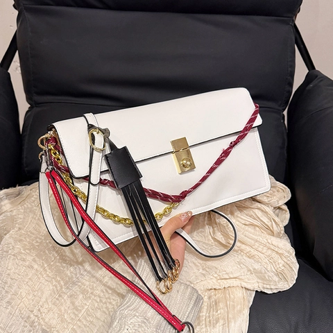 Fashion PU Leather Square Crossbody Bag With Decorative Chain Braided Rope Tassel Lock Metal Closure Shoulder Bag For Women